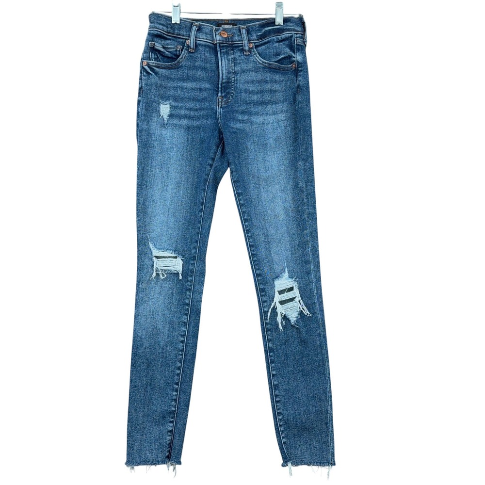 Express Skinny Mid Rise Womens 2/R Cotton Blend Blue Distressed Raw Hem Jeans